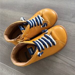Camper Kids Yellow Leather Sneakers with Blue & White Laces